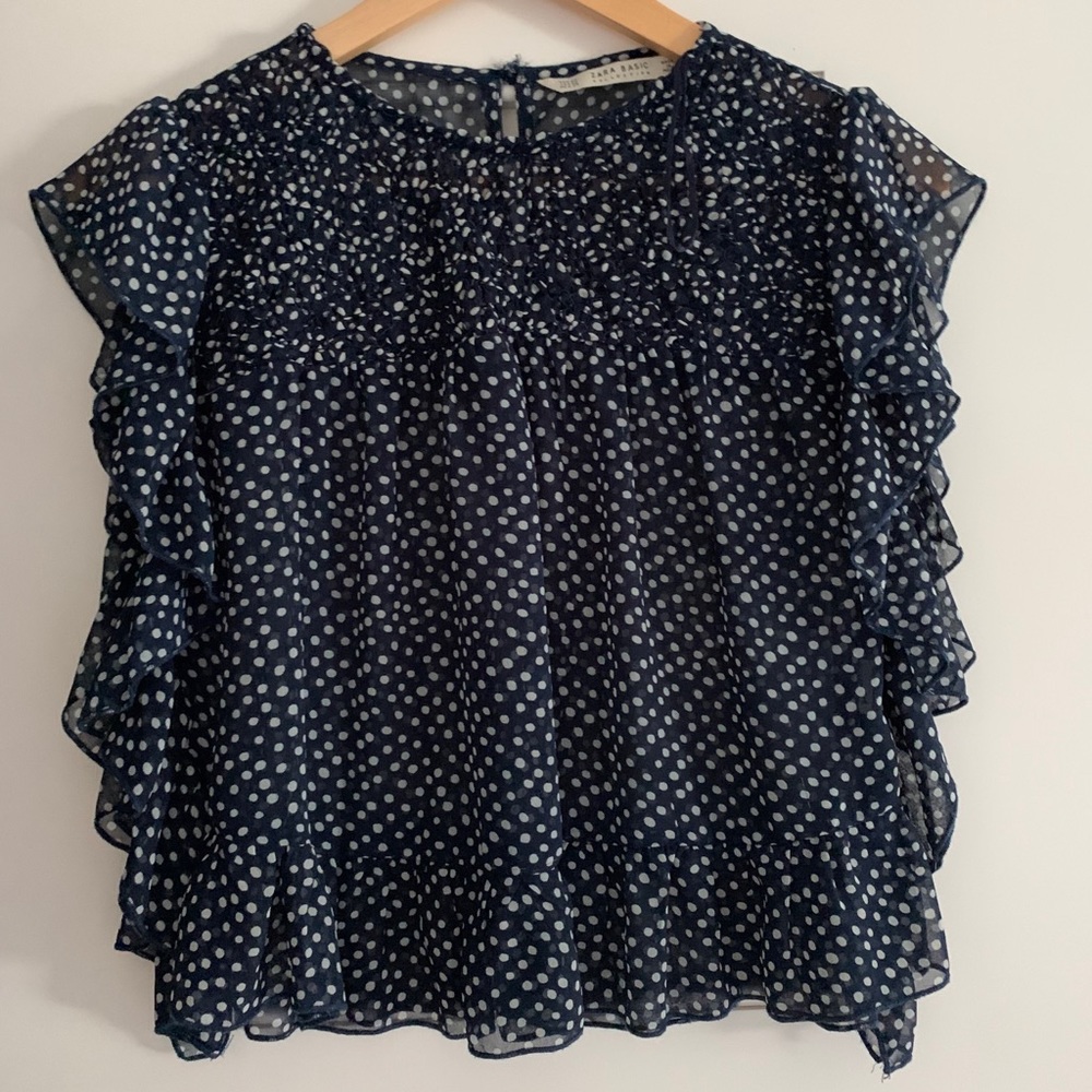 Zara basics XS Blouse navy blue white polka dots